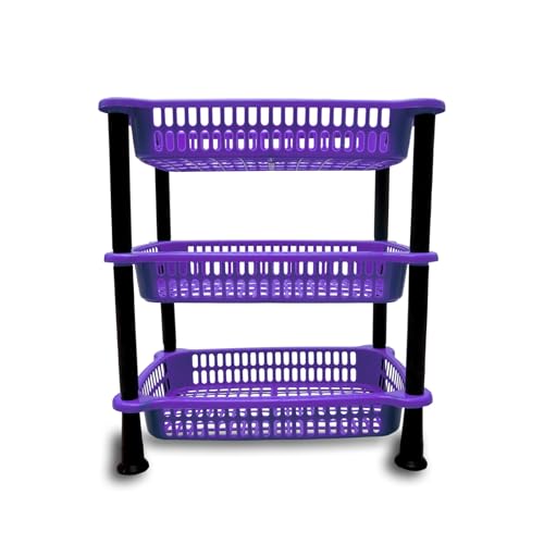 Image of patidar brothers Plastic 3 Layer Multi-Purpose Kitchen Storage Basket Rack|Vegetable Basket For Kitchen (color: Purple)