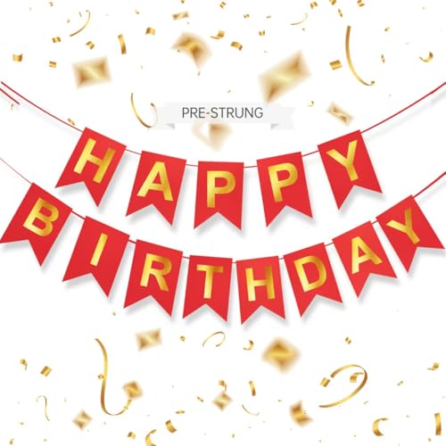 Image of Red Happy Birthday Banner - 16 ft Pre-Strung Gold & Red Birthday Party Decorations Sign for Girls, Boys, Kids, Women - No DIY Hanging Backdrop for Indoor & Outdoor Celebrations