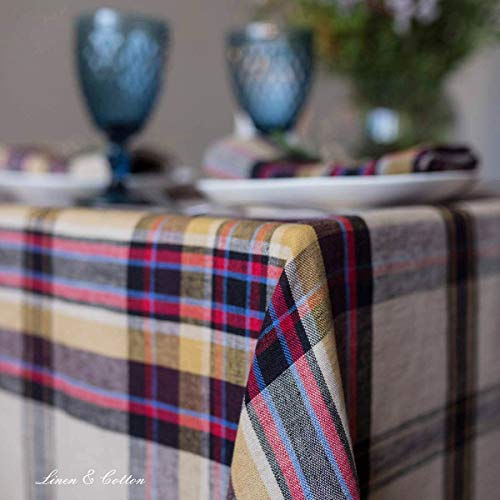 Linen & Cotton Tablecloth CURTIS, 100% Stonewashed Linen (Yellow/Bordeaux Red/Blue), 130 x 130 cm (52'' x 52'') - Image 4