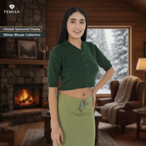 Image of Women Winter Wear V-Neck Half Sleeves Regular Fit Woollen Blouse