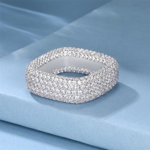 MDFUN 18K White Gold Plated Iced Out Engagement Promise Wedding Eternity Square Ring for Women Men, Sparkling Cubic Zirconia Rings 8mm Width Size 5-10.53