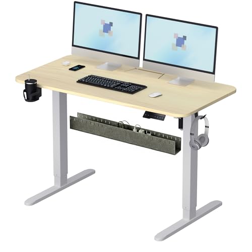 Image of Electric Standing Desk With Cable Management Tray,55x24 Inch Adjustable Height Sit Stand Desk,With Memory Presets & Anti-Collision Computer Desk For Office,Home,Light Wood Top&White Frame