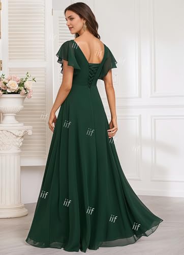 IIF Women's V Neck Bridesmaid Dresses for Wedding Long Chiffon Ruffled Sleeves Formal Gown with Slit IIF1642