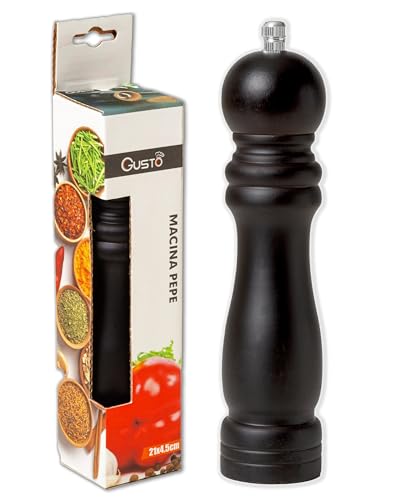 IPEA Molinillo de pimienta manual de madera negra para pimienta, chile y sal – Altura 21 cm – Molinillo de pimienta clásico de cocina con amoladora de metal para moler especias, comino, sésamo,