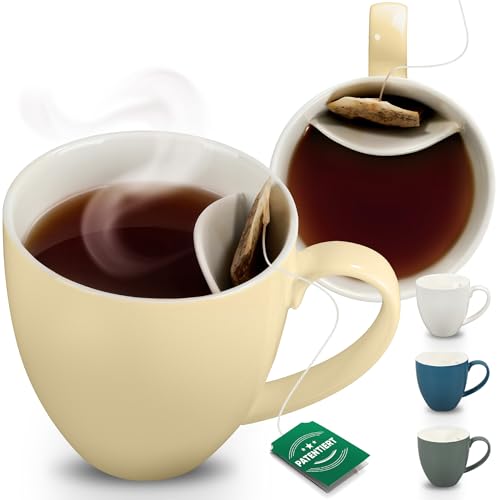Neighbour’s Friend Patentierte Teetasse beige mit Beutelablage I Keramik Tasse groß 325ml I Teebecher Steingut I Keramiktasse für Tee I Spülmaschinengeeignet Teetassen I Modernes Design für Teetrinker