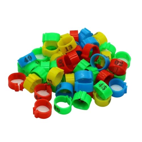 Lot de 100 bagues en plastique pour pattes d'oiseaux, 12/14 mm, numérotées de 1 à 100, colorées, pour identification,Multi,Diamètre intérieur 12 mm