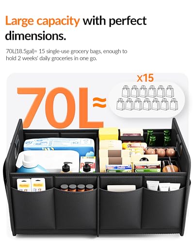 Homeve Car Trunk Organizer for SUV, 18.5Gal Large Capacity No-Sag Heavy Duty, Foldable Waterproof Anti-Slip Storage with 12 Pockets, Fit Sedan,Truck, Universal Car Accessories, Black, Large, 2 Compart - Image 6