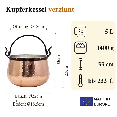 Foto von CopperGarden Kupferkessel 5 L mit Henkel I Robuster Kessel aus verzinntem Kupfer: Ideale Wärmeleitung & -verteilung I Lebensmittelechter Feuerkessel für Gulasch/Feuerzangenbowle uvm.