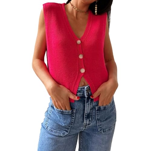 Image of Women Knit Vest Top Y2k V Neck Sleeveless Button Down Solid Color Sweater Cardigan Loose Basic Knitted Tank Tops (Red, M)