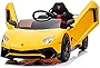 Kidzone Kids Electric Ride On 12V Licensed Lamborghini Aventador Battery Powered Sports Car Toy with 2 Speeds, Parent Control, Sound System, LED Headlights & Hydraulic Doors - Yellow