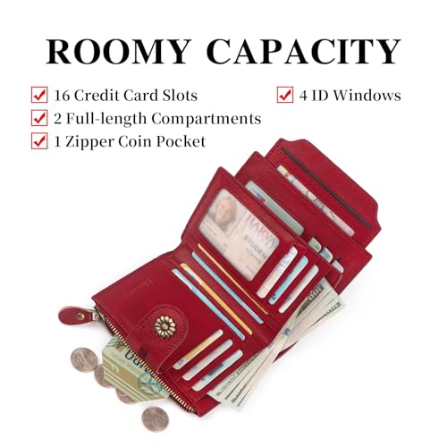 Image of Wallet Women,RFID Blocking Real Leather Womens Wallet Bifold Compact Card Holder Small Wallet for Women with Removable ID Window Red