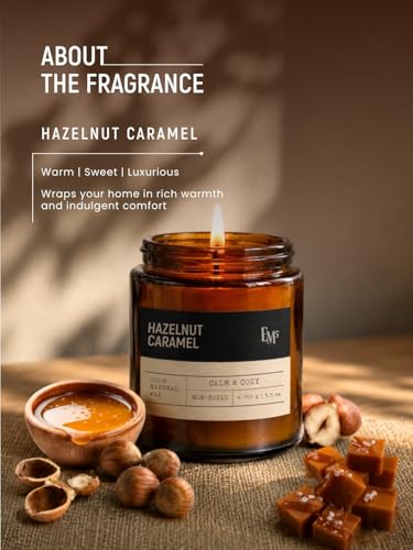 Image of EM5 Hazelnut Caramel Aromatherapy Scented Candle | Hand Crafted Gourmand Candle | 100% Natural Wax & Wick | Upto 40 Hrs Clean Burn | Smokeless & Non-Toxic | 100gm