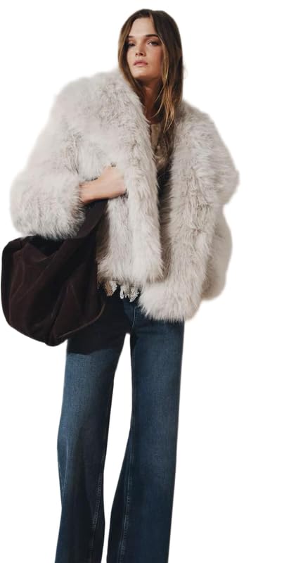 Patakadevi | White Faux Fur Crop Jacket For Women | For Social Events And Parties | Shaggy Short Winter Outerwear | Elegant Wide Collar Glamour Coat