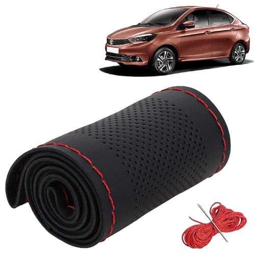 Image of KINGSWAY PU Leatherite Car Steering Cover Sewable Compatible with Tata Tigor (Year 2017 Onwards), Black Color with Red Thread, Pack of 1 with Sewing Needle and Thread