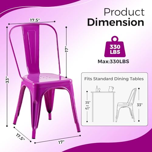 Image of Metal Dining Chairs with Backrest, Stackable, Purple, 6 Pack | Easy Assembly, Non-Slip Feet, 330 lb Capacity, Kitchen, Restaurant, Cafe, Pub, Covered Patio