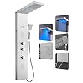 ROVOGO Shower Panel Tower System with Led Lights, Rainfall Mist Shower Head, 2-Mode Body Jets, Handheld, Tub Spout and Temp Display, Shower Column Stainless Steel Brushed