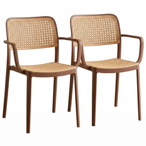 Image of NARSA Modern Rattan Style Dining Chair for Home & Cafe | Cane Pattern Plastic Chair with Ergonomic Backrest | Lightweight & Durable Indoor Outdoor Seating Chair (Brown, with Arm, Set of 2)