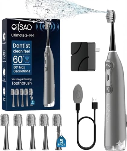 OILSAO 3-in-1 Flossing Toothbrush-Flosses, Vibrates and Oscillates, Electric Toothbrush with Water Flosser Equipe 5 Brush Heads, Plaque Removal for Sensitivity, Braces-Grey