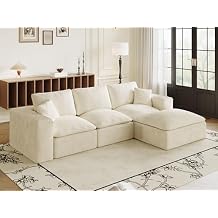 108" Plush Corduroy L Shaped Sectional Cloud Sofa Couch with Ottoman, Soft Deep Seat Modular Sectional Couches for Living Room,No Assembly. Beige