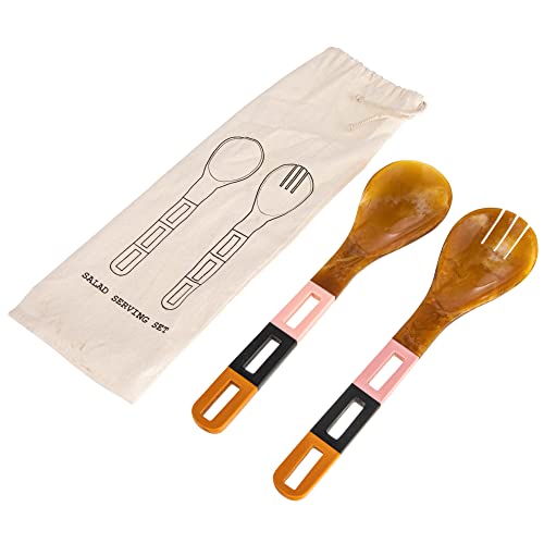 Creative Co-Op Vintage Handles in Drawstring Bag, Set of 2 Styles, Multicolor Salad Servers, Brown