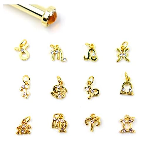 Zodiac Dangle Nail Charms with Ring, 3D Piercing Rhinestone Alloy Jewelry Hoops for Nail Art Decoration Supplies (Golden Zodiac Sign) Cover