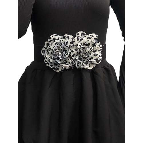 Womens Elastic Waist Belts for Dress With Big Leopard Chiffon Flower -2Inch Wide Stretchy Belts