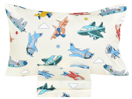 Image of Scientific Sleep Cute Fun Cozy 3 Pcs Twin Bed Sheet Set 100% Cotton Flat Sheet & Fitted Sheet & Pillowcase Natural Bedding Set for Kids Boys Girls (Airplane, Twin)
