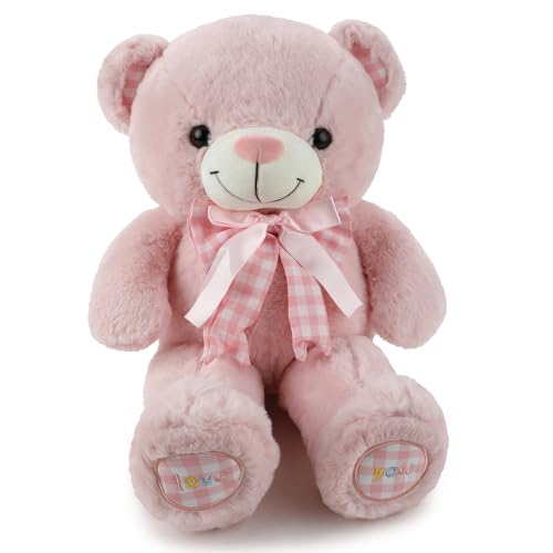 Image of Pink Teddy Bear Soft Toy for Kids, Girls & Boys | Cute Plush Stuffed Teddy with Ribbon Bow | Huggable Cuddly Toy for Birthday, Valentine's Day, Baby Shower & Gift