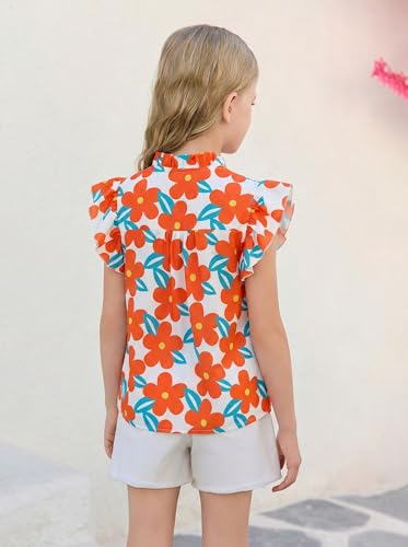 Image of Haloumoning Girls Ruffle Short Sleeve Floral Chiffon Blouses Kids Summer Shirts Tops 5-14 Years