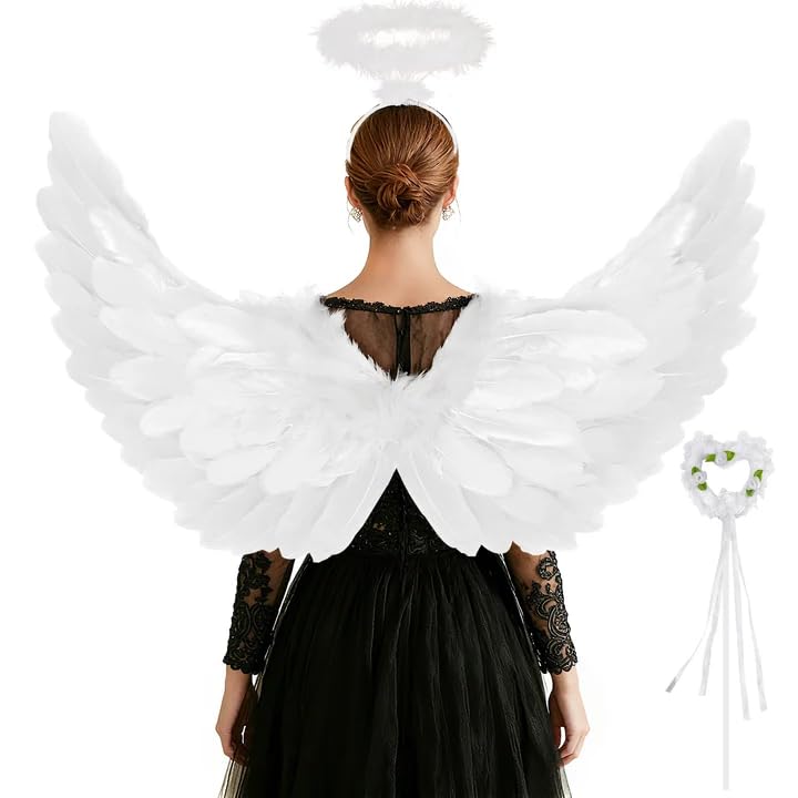 Newthinking White Angel Wings and Halo Large Adult Halloween Angel Wings