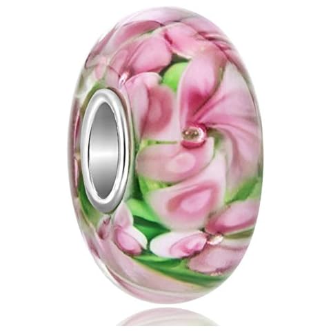 Sug Jasmin 925 Sterling Silver Pink Flower Glass Charm Beads for Beacelets Cover