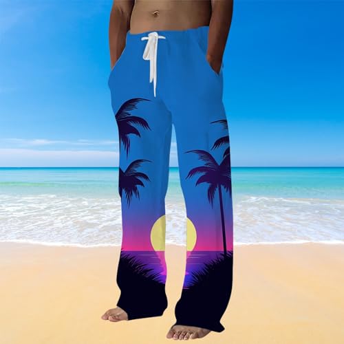 Generic Mens Linen Pants Beach Hawaii Print Casual Summer Casual Pants Elastic Waist Drawstring Baggy Trousers with Pockets, Large, #B5 Blue2