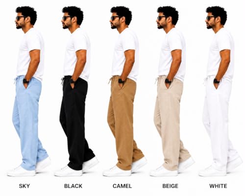 Image of MCSTAN Men's Linen Blend Cotton Pants Casual Relaxed Fit Lightweight Summer Trousers with Elastic Waist Drawstring and Pockets Beach Vacation Holidays