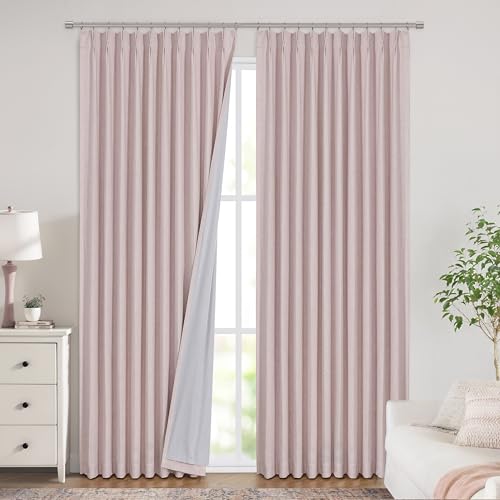 Image of Vision Home Soft Pink Pinch Pleated Full Blackout Curtains Linen Blended Room Darkening Window Panels 90 inch for Living Room Bedroom Thermal Insulated Pinch Pleat Drapes with Hooks 60 inch Wx90 Lx1