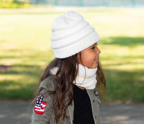 Image of Funky Junque Kids Winter Fleece Lined Neck Warmer Ribbed Knit Pom Pom Winter Beanie Bundle Cold Weather Gaiter Toddler