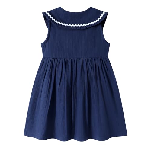 Image of HILEELANG Girls Cotton Dress Sleeveless Peter Pan Collar with Pockets