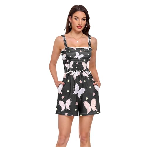 Barboteuse d'été rose pour femme à motif papillon et étoiles avec un col carré élégant