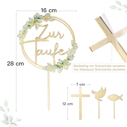 4 Stück Tortendeko Taufe, inkl. Taube & Fisch & Kreuz & Zur Taufe Tortenstecker, Cake Topper aus Acryl, Gold Kuchendeko Torte Deko für Junge Mädchen Kuchen Dekoration
