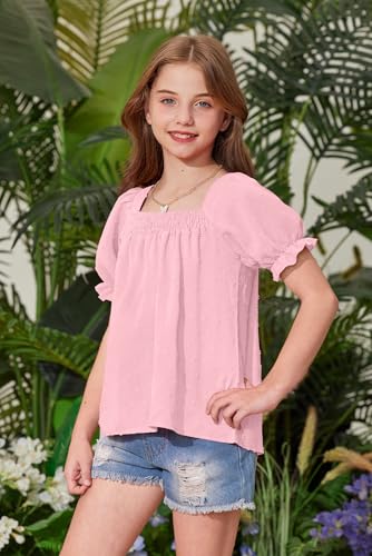 Image of BesserBay Girls Summer Puff Short Sleeve Square Neck Tee Shirts Ruffle Smocked Blouses Cute Swiss Dot Tops 5-14 Years