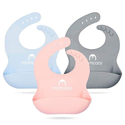 Momcozy Baby Silicone Bibs Easily Clean Set of 3, Soft Adjustable Toddler Silicone Bibs for Babies Girl and Boy, Waterproof, Pinkish Orange, Light Blue and Light Grey