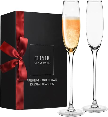 ELIXIR GLASSWARE Champagne Flutes - 5 oz - Set of 2 Crystal Glass Flutes, Hand Blown Edge Champagne Glasses - Premium Crystal Champagne Glasses - Prosecco Wine Flute, Mimosa Glasses, Bar Glassware