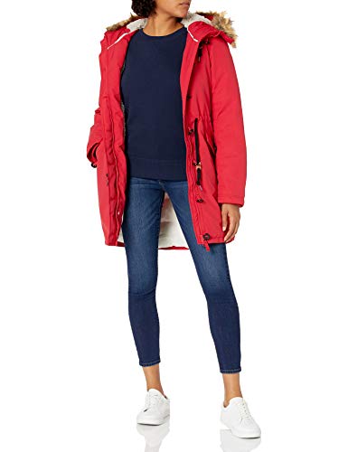 Amazon Essentials Women s Water Resistant Long Sleeve Longer Length Parka with Faux Fur Trim Hood, Red, Large