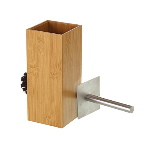LOLAhome - Escobilla de baño de Metal de 37 cm con escobillero Cuadrado de bambú de 10x10x23 cm para Limpieza de WC. Accesorio de baño de pie para instalación sin Taladro