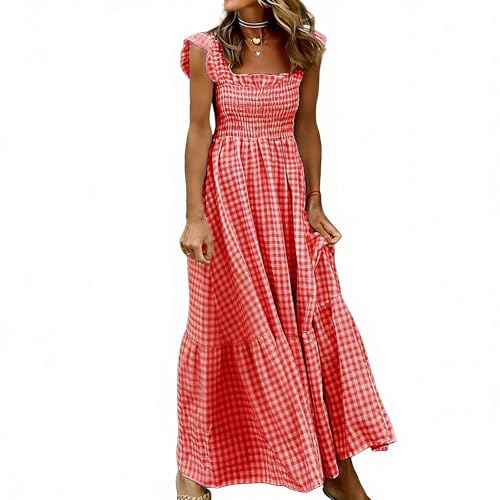 Robe longue à carreaux vichy pour femme - Col carré - Bretelles volantées - Avec poches - Pour la plage, le pique-nique, le quotidien, Rouge, M