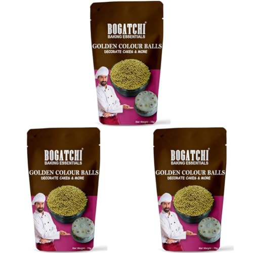 Image of BOGATCHI Golden Balls for Cake Decoration | Topping for Cake & Other Baking Items| Colored Sugar Confectionary | Cake Decorating Sprinkler |Gluten Free & Vegan |75g (Pack of 3)