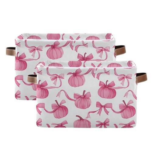 Image of Wamika Pumpkin Bow Pink Storage Basket with Waterproof Liner and PU Handles Fall Storage Bins Boxes 14.2 inch Collapsible Decorative Organizer Baskets for Bedroom Closet Office 2 Pack