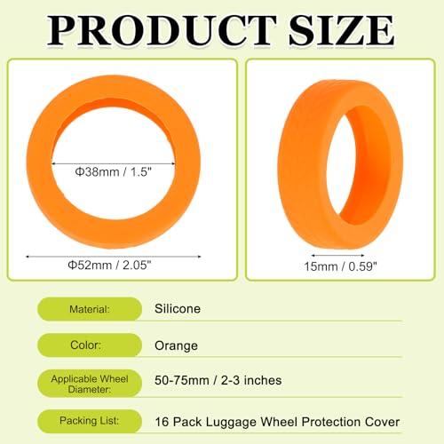 Image of 16 Pack Luggage Wheel Protection Cover, Wear Resistant Anti Noise Silicone Protector Cover for 2-3 inch Spinner Wheel for Suitcase Chairs Caster Travel, Orange