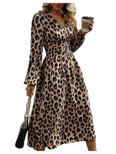 Milumia Women's Leopard Print Midi Dress V Neck A Line Long Elastic Waist Casual Dresses Brown Large