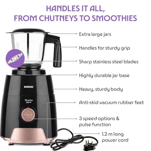 Image of Borosil Silverline RG 600 W Mixer Grinder | Wet & Dry Mixing, Grinding & Blending | 3 Jars (1.5 L Blending Jar, 1 L Grinder Jar, 0.4 L Chutney Jar) | Mixie For Kitchen, White | 2 Years Warranty