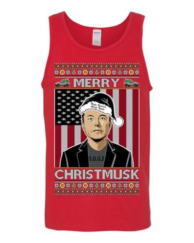 Merry Christmusk Funny Dark Santa Elon Doge Meme Crypto Dogecoin America First USA Republican Ugly Christmas Mens Tank Top, Red, 3X-Large2